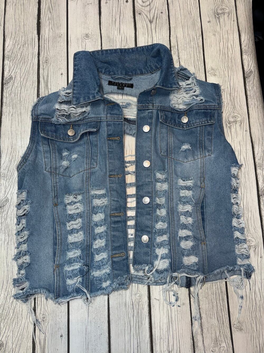 Thrill Jeans Women’s Denim Vest Distressed Ripped Sleeveless Jean Jacket